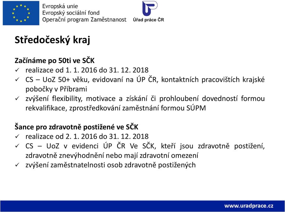 či prohloubení dovedností formou rekvalifikace, zprostředkování zaměstnání formou SÚPM Šance pro zdravotně postižené ve SČK realizace