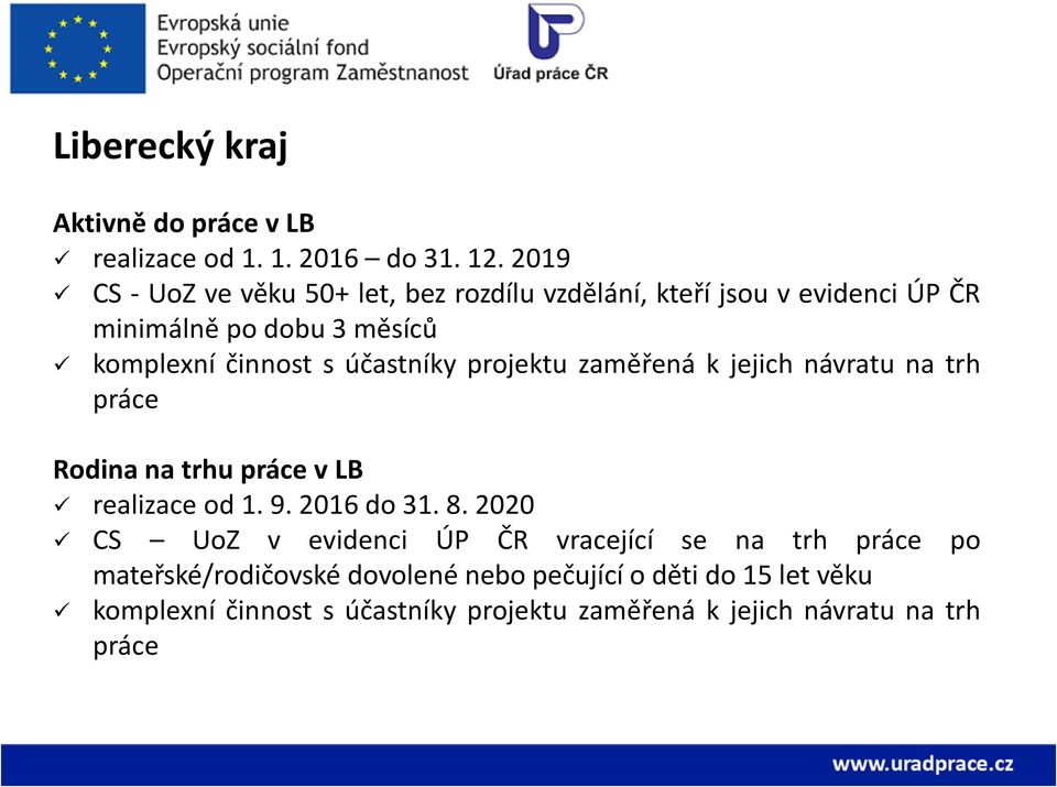 účastníky projektu zaměřená k jejich návratu na trh práce Rodina na trhu práce v LB realizace od 1. 9. 2016 do 31. 8.