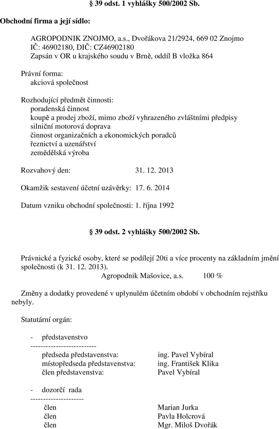 . 1 vyhlášky 500/2002 Sb. AGROPODNIK ZNOJMO, a.s.