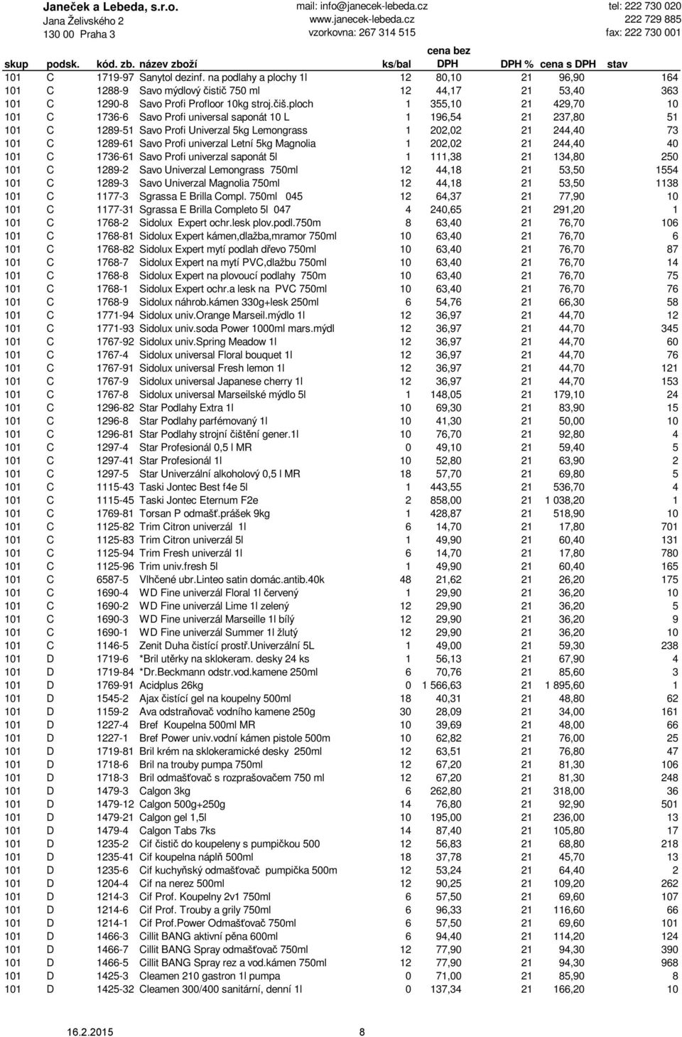univerzal Letní 5kg Magnolia 1 202,02 21 244,40 40 101 C 1736-61 Savo Profi univerzal saponát 5l 1 111,38 21 134,80 250 101 C 1289-2 Savo Univerzal Lemongrass 750ml 12 44,18 21 53,50 1554 101 C