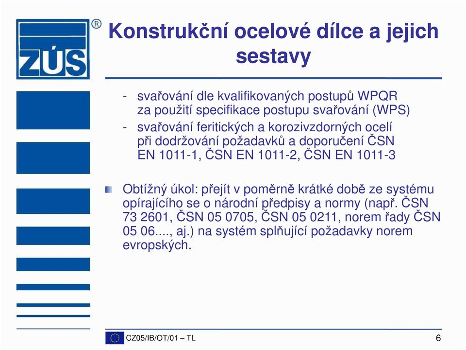 1011-3 Obtížný úkol: přejít v poměrně krátké době ze systému opírajícího se o národní předpisy a normy (např.