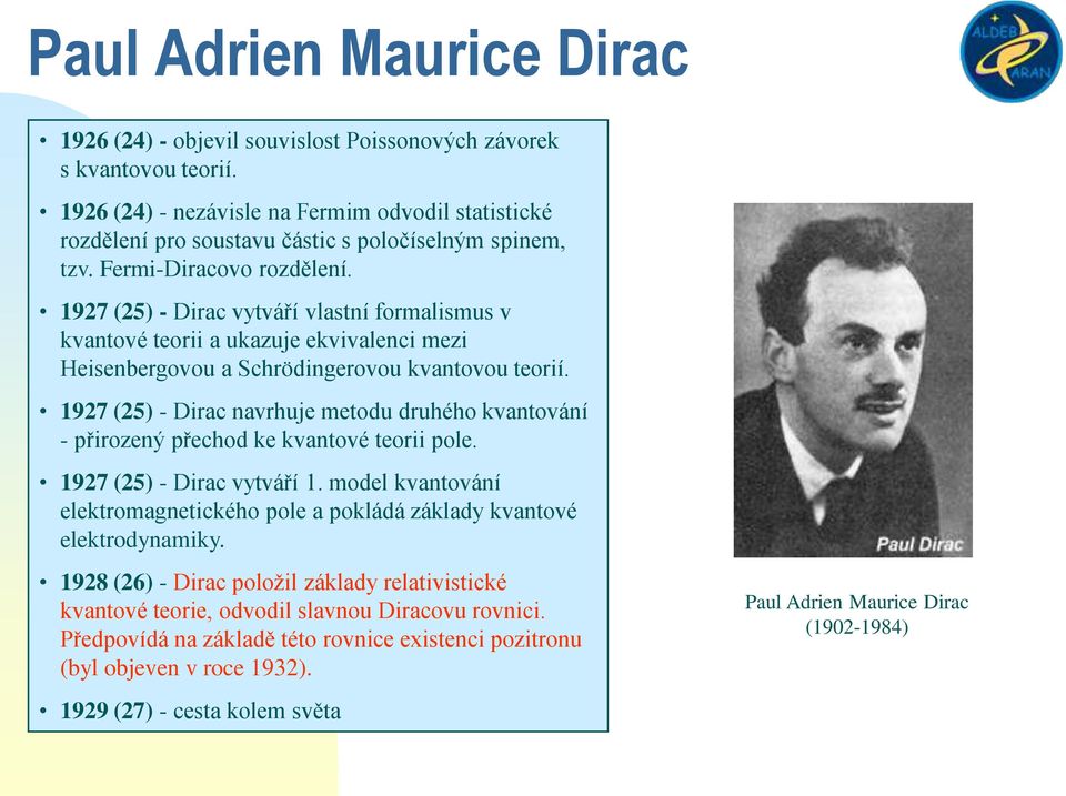 1927 (25) - Dirac vytváří vlastní formalismus v kvantové teorii a ukazuje ekvivalenci mezi Heisenbergovou a Schrödingerovou kvantovou teorií.