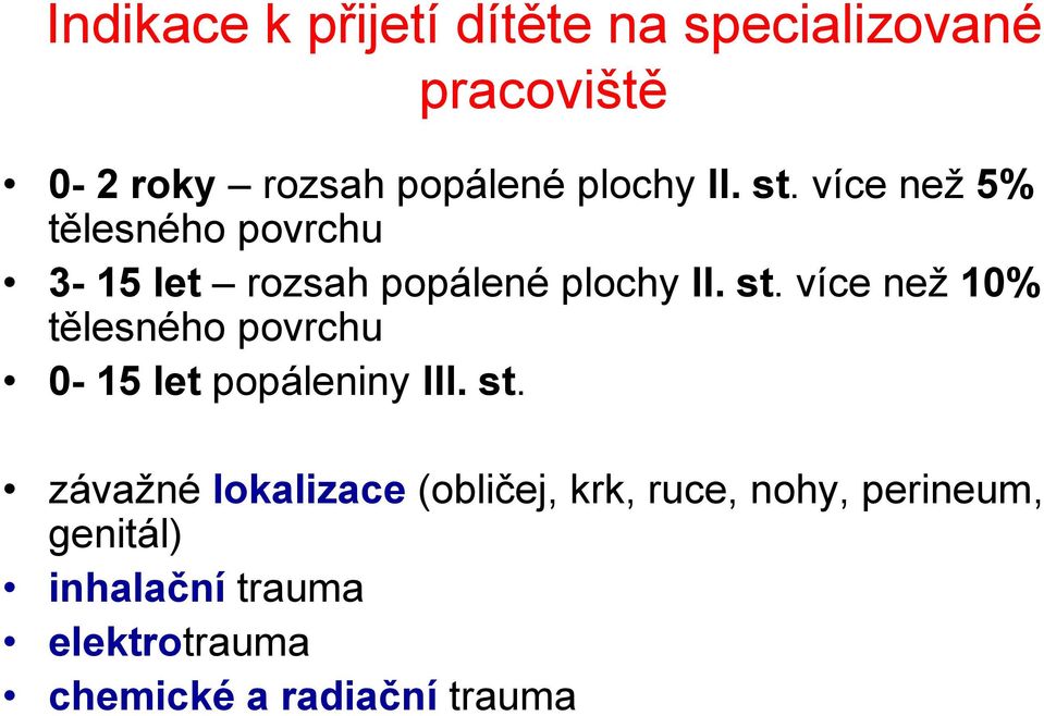 st. závažné lokalizace (obličej, krk, ruce, nohy, perineum, genitál) inhalační trauma