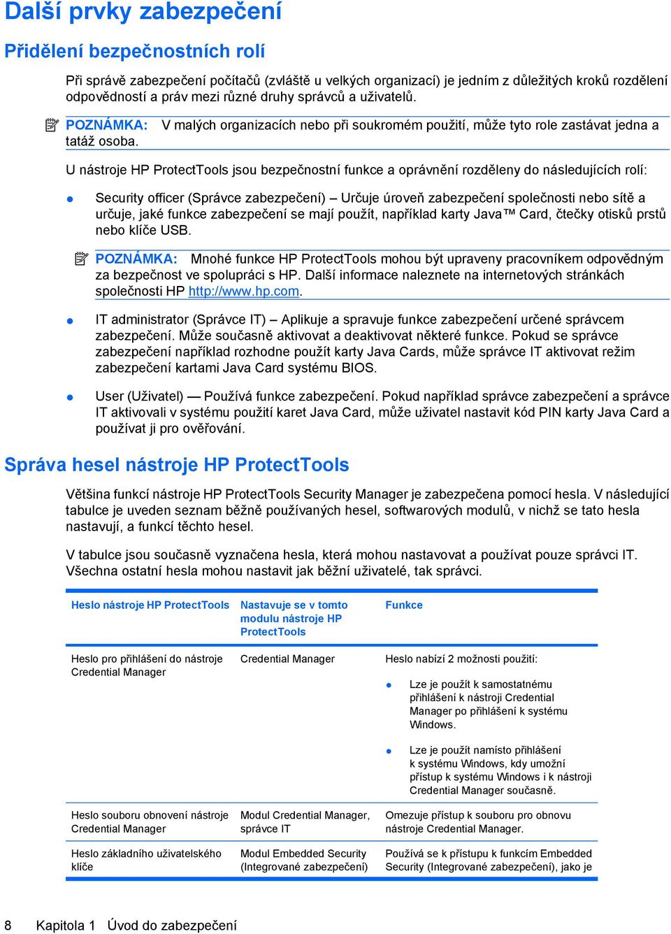 V malých organizacích nebo při soukromém použití, může tyto role zastávat jedna a U nástroje HP ProtectTools jsou bezpečnostní funkce a oprávnění rozděleny do následujících rolí: Security officer