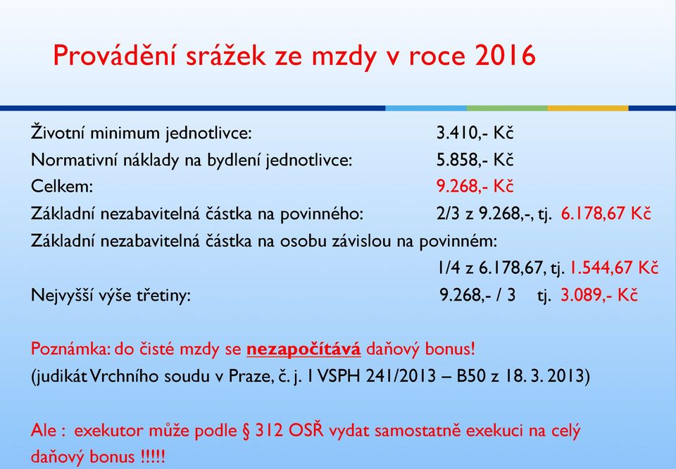 178,67 Kč Základní nezabavitelná částka na osobu závislou na povinném: 1/4 z 6.178,67, tj. 1.544,67 Kč Nejvyšší výše třetiny: 9.268,- / 3 