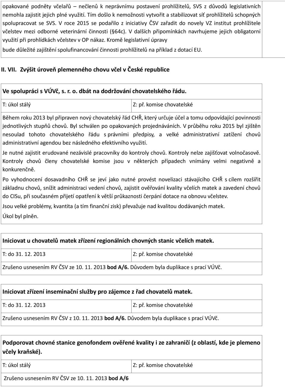 V roce 2015 se podařilo z iniciativy ČSV zařadit do novely VZ institut prohlížitele včelstev mezi odborné veterinární činnosti ( 64c).