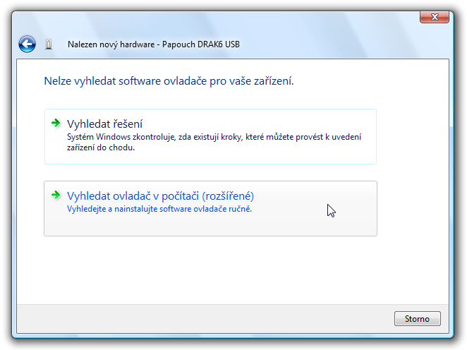 Quido USB 4) Když se ovladač nepodaří nalézt automaticky, zobrazí se okno z obr. 13. V něm klepněte na Disk nemám. Jaké jsou další možnosti?