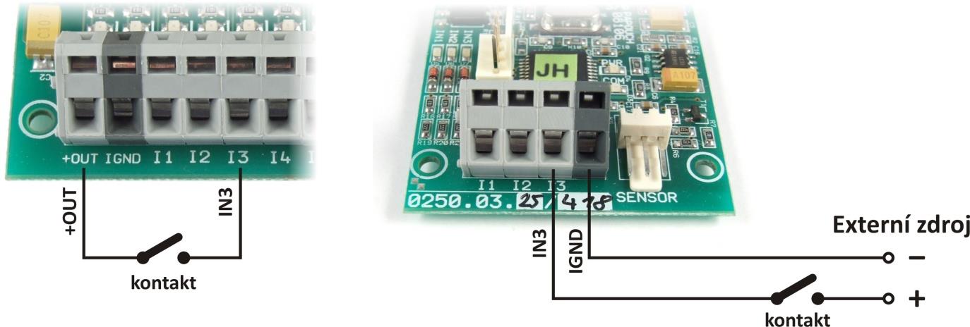 Quido USB ZAPOJENÍ VSTUPŮ A VÝSTUPŮ V s t u p y Vstupy lze ovládat připojením napětí nebo kontaktu. obr. 26 vstupní svorkovnice na Quido USB 8/8 Každý ze vstupů je zapojen dle obr. 27.