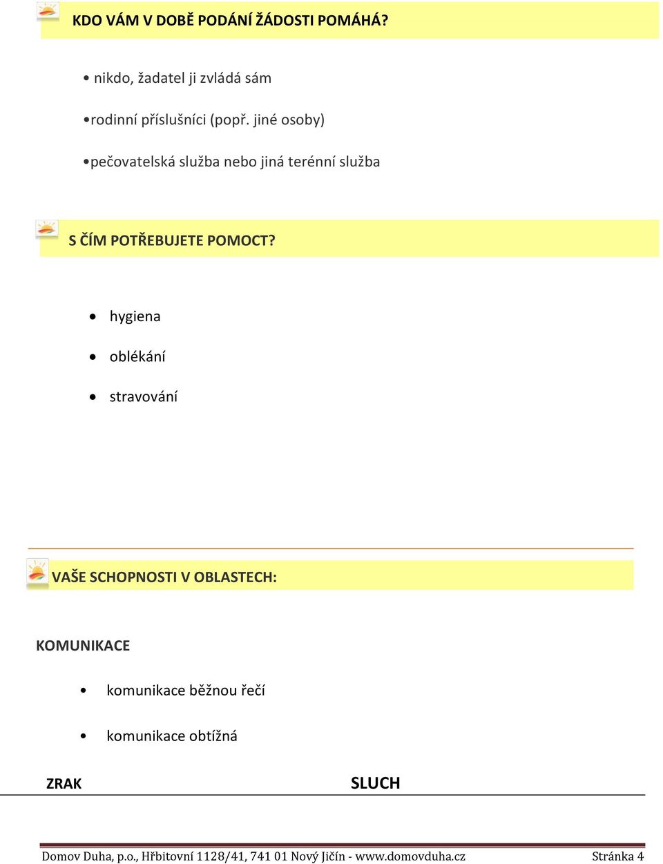 hygiena oblékání stravování VAŠE SCHOPNOSTI V OBLASTECH: KOMUNIKACE komunikace běžnou řečí