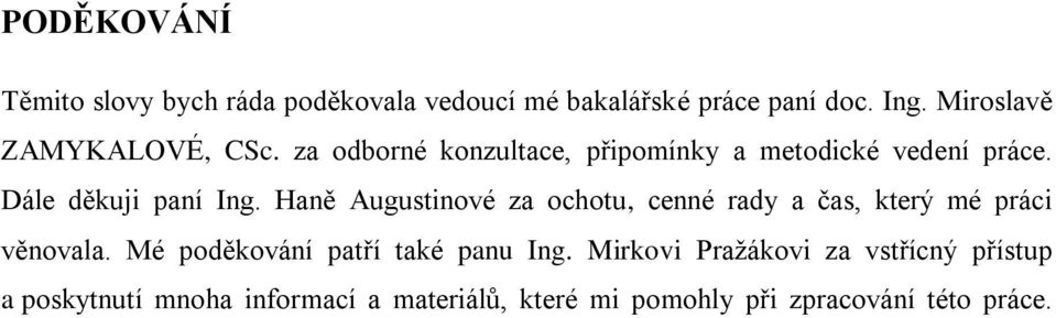 Dále děkuji paní Ing. Haně Augustinové za ochotu, cenné rady a čas, který mé práci věnovala.