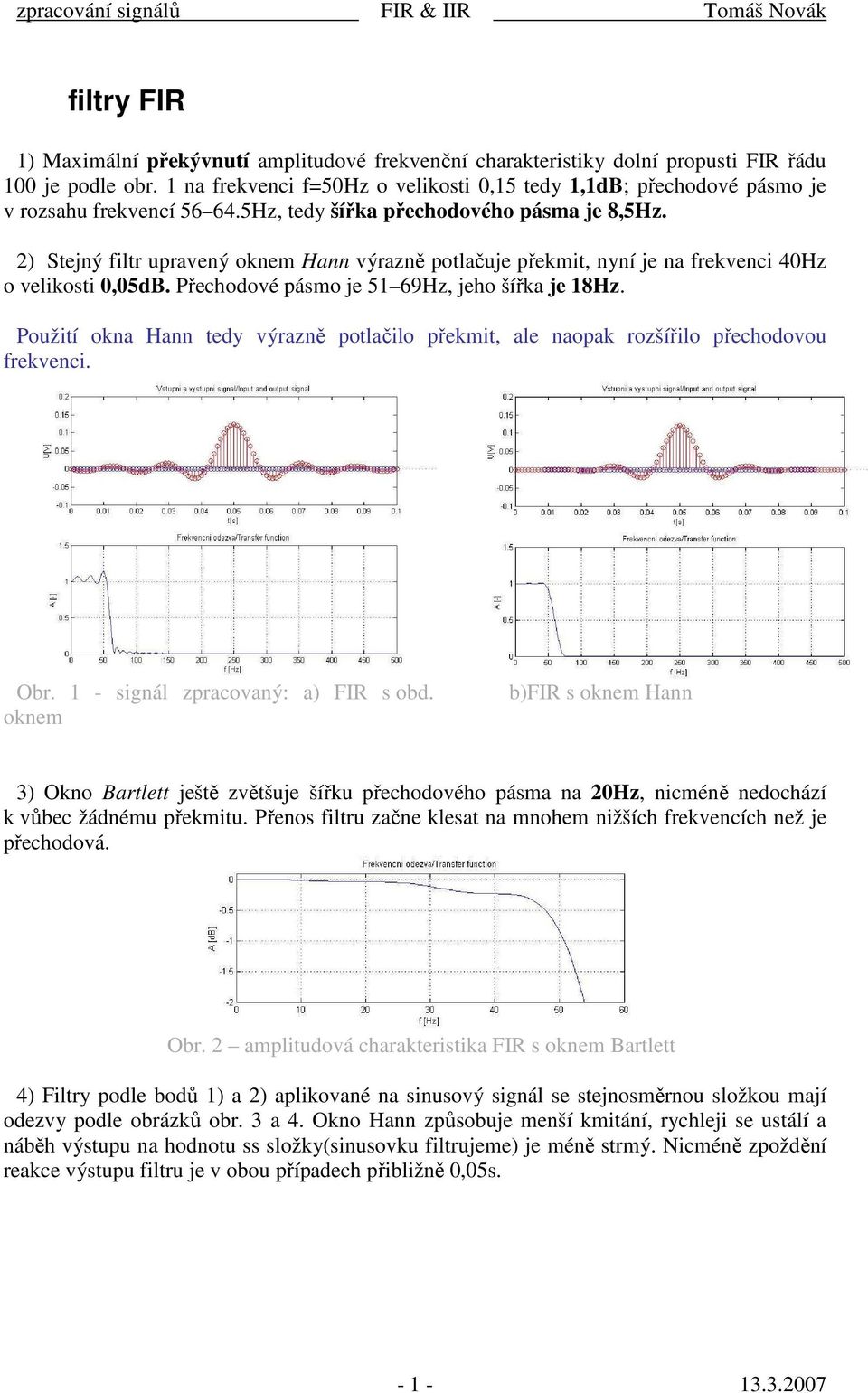 2) Stejný filtr upravený oknem Hann výrazně potlačuje překmit, nyní je na frekvenci 40Hz o velikosti 0,05dB. Přechodové pásmo je 51 69Hz, jeho šířka je 18Hz.