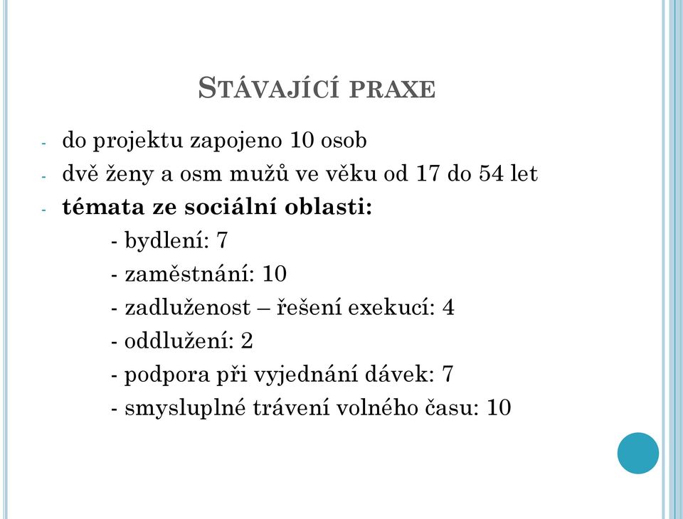 bydlení: 7 - zaměstnání: 10 - zadluženost řešení exekucí: 4 -