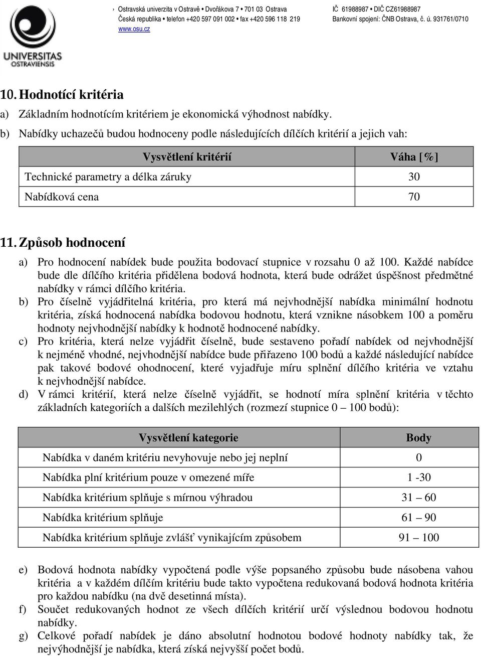 Způsob hodnocení a) Pro hodnocení nabídek bude použita bodovací stupnice v rozsahu 0 až 100.