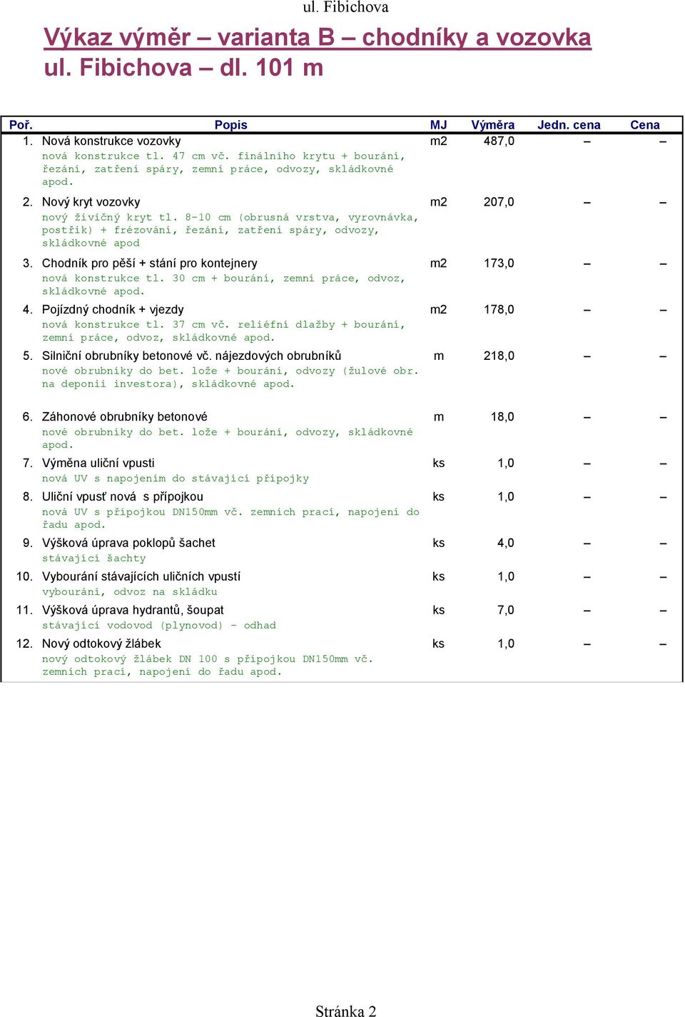 nájezdových obrubníků m 218,0 na deponii investora), skládkovné 6. Záhonové obrubníky betonové m 18,0 7. Výměna uliční vpusti ks 1,0 8.