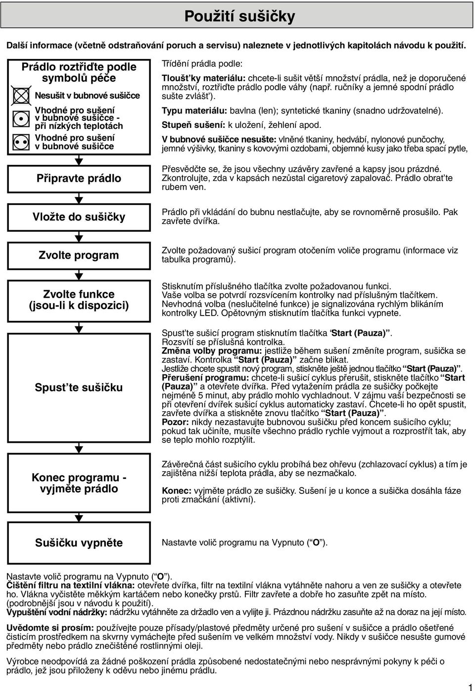 Použití sušičky. Další informace (včetně odstraňování poruch a servisu)  naleznete v jednotlivých kapitolách návodu k použití. - PDF Stažení zdarma