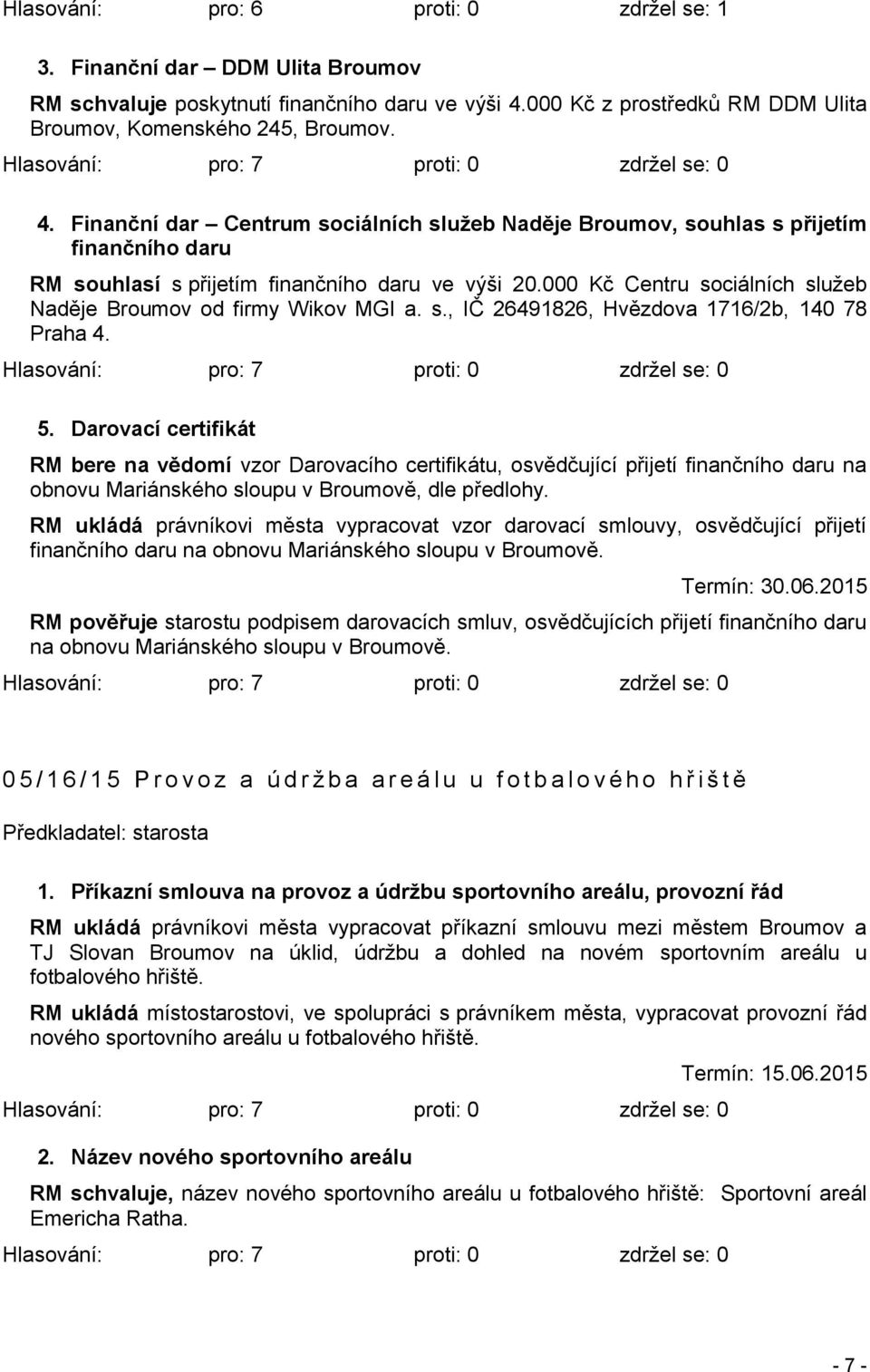 Finanční dar Centrum sociálních služeb Naděje Broumov, souhlas s přijetím finančního daru RM souhlasí s přijetím finančního daru ve výši 20.