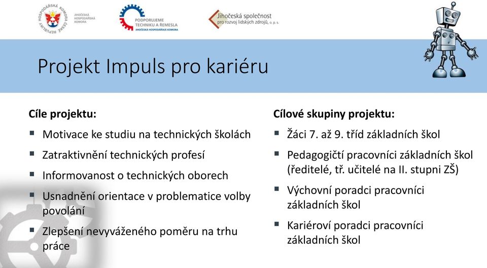 trhu práce Cílové skupiny projektu: Žáci 7. až 9.