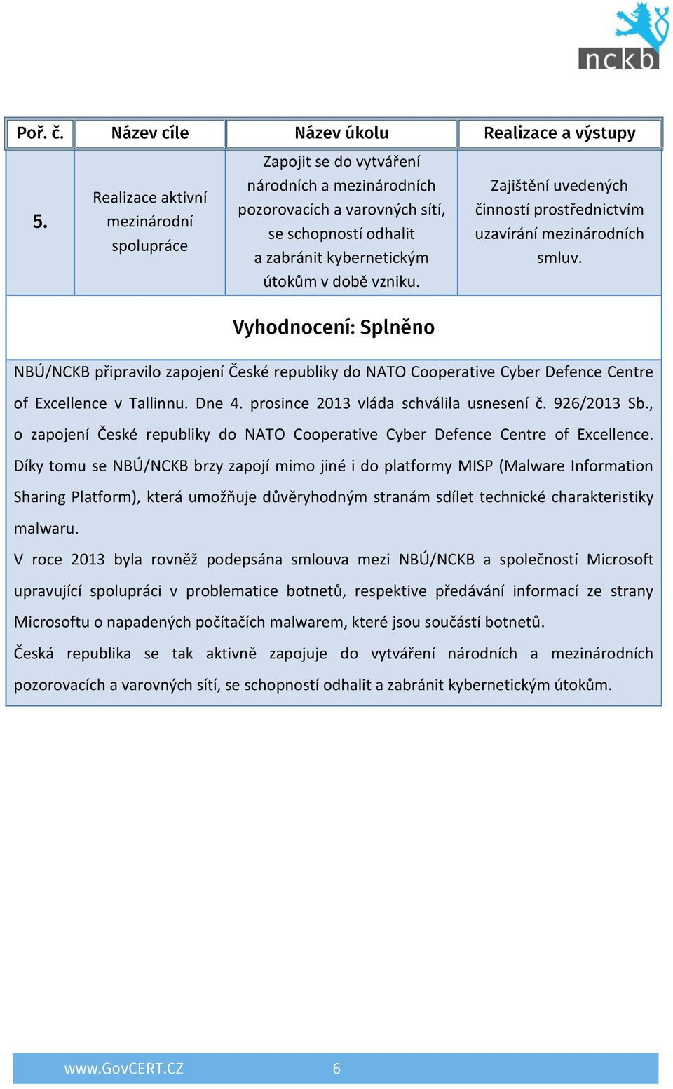 prosince 2013 vláda schválila usnesení č. 926/2013 Sb., o zapojení České republiky do NATO Cooperative Cyber Defence Centre of Excellence.