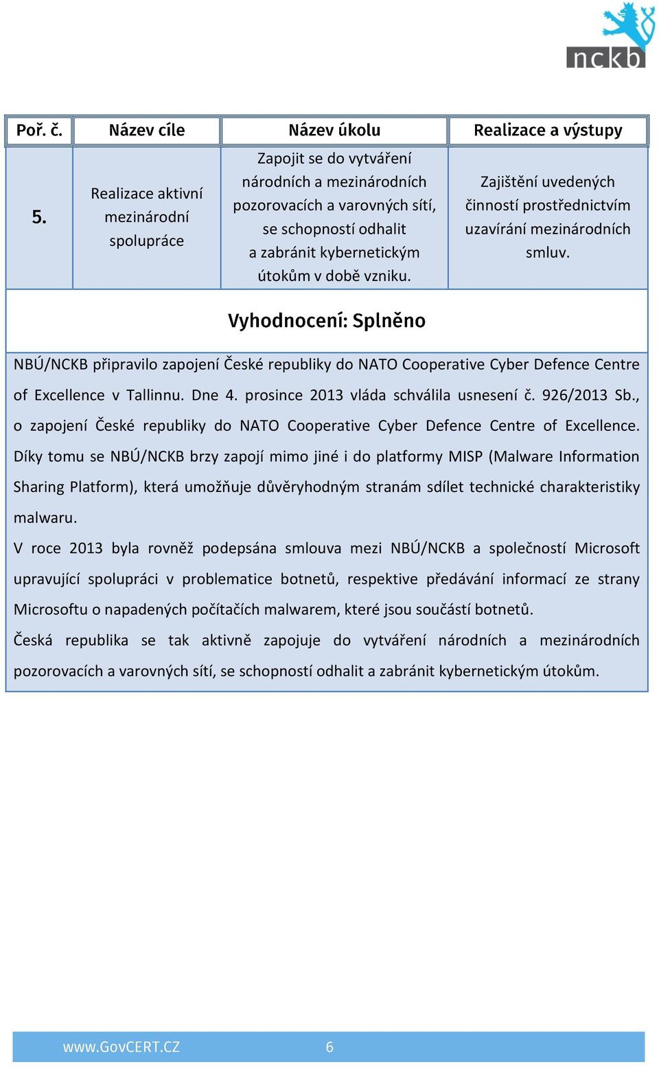 prosince 2013 vláda schválila usnesení č. 926/2013 Sb., o zapojení České republiky do NATO Cooperative Cyber Defence Centre of Excellence.