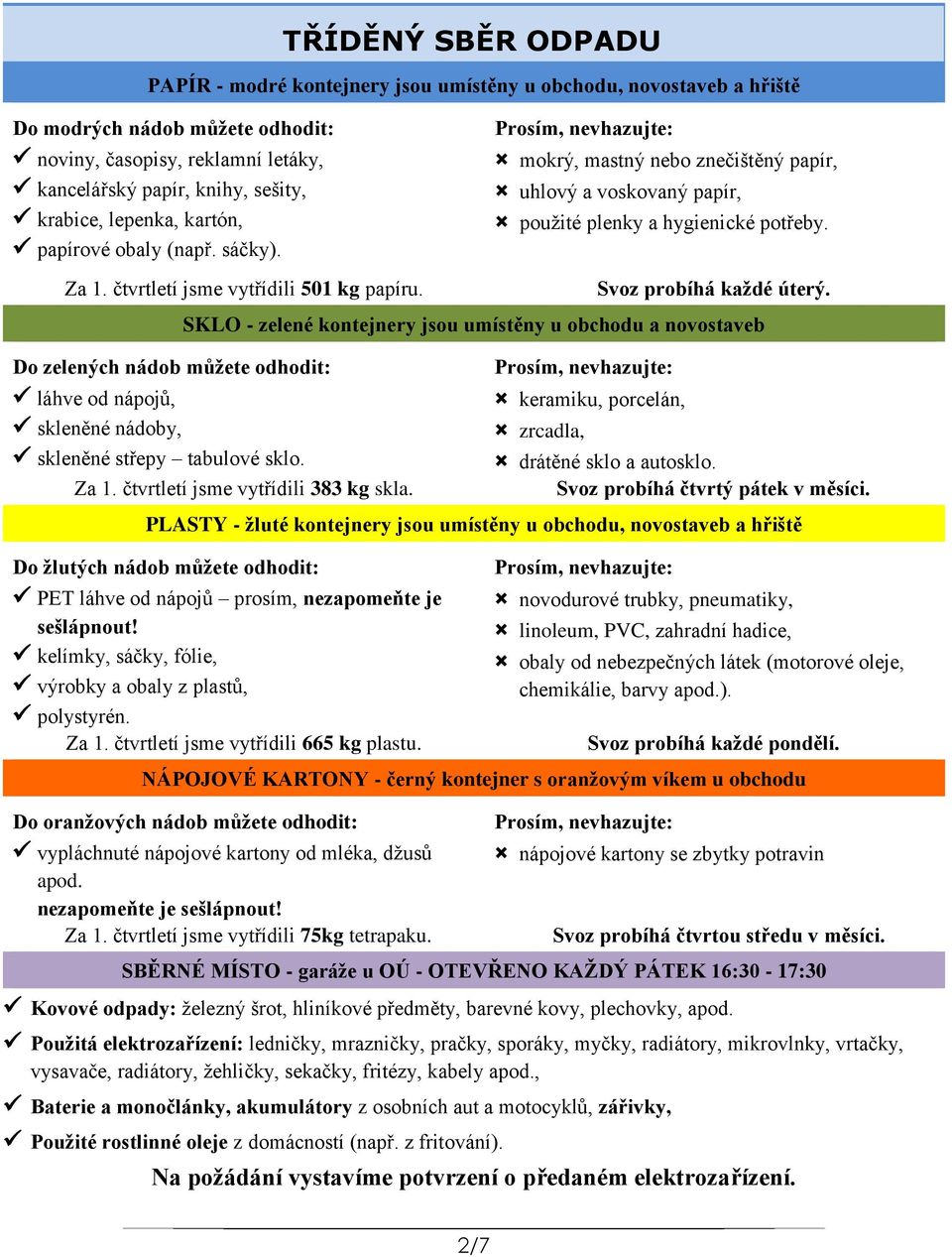 Do zelených nádob můžete odhodit: láhve od nápojů, skleněné nádoby, Prosím, nevhazujte: mokrý, mastný nebo znečištěný papír, uhlový a voskovaný papír, použité plenky a hygienické potřeby.