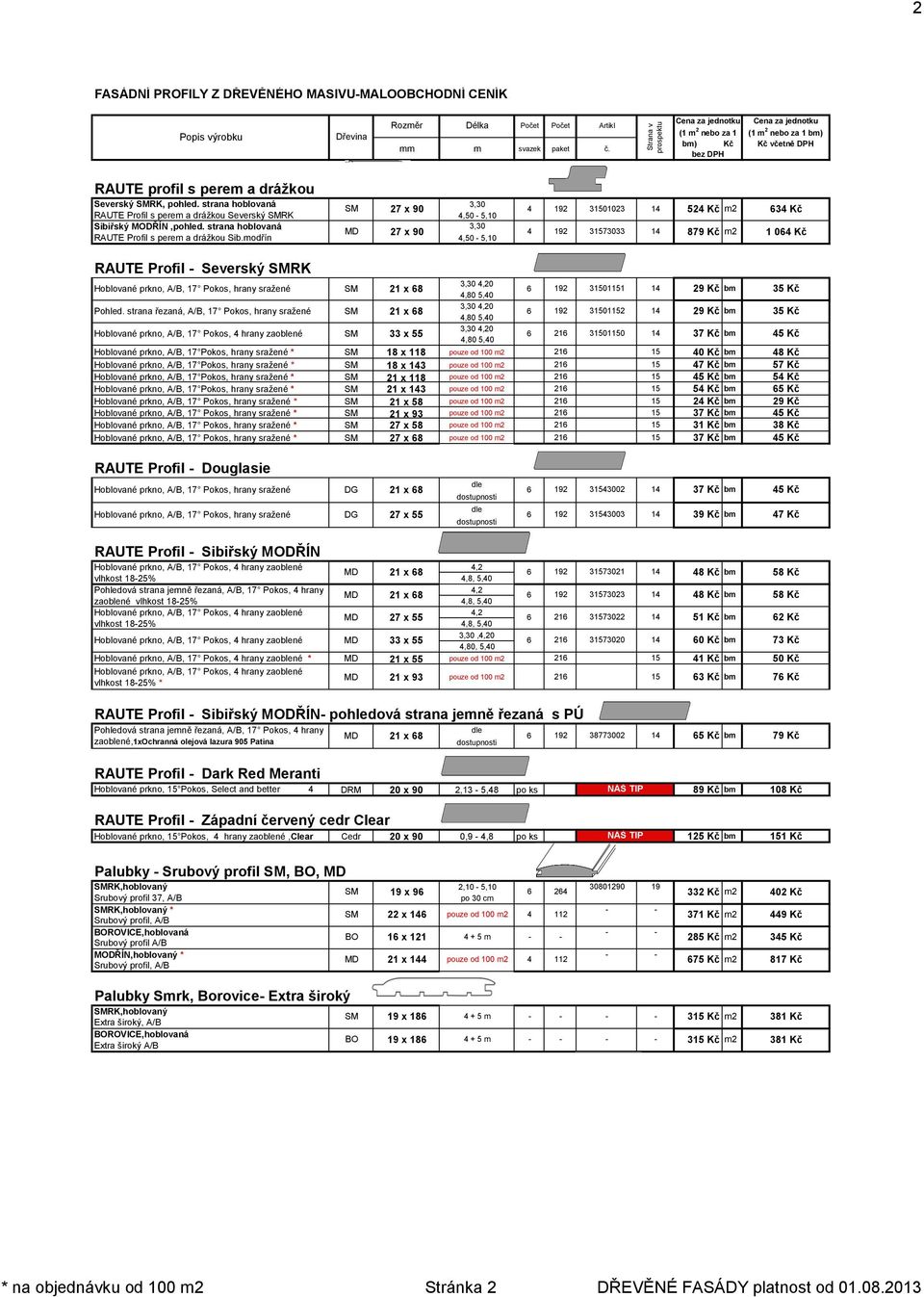 modřín,0 -,0 92 70 879 Kč m2 0 Kč RAUTE Profil - Severský RK Hoblované prkno, A/B, 7 Pokos, hrany sražené Pohled.