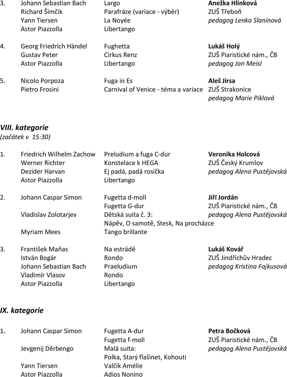 Nicolo Porpoza Fuga in Es Aleš Jirsa Pietro Frosini Carnival of Venice - téma a variace ZUŠ Strakonice pedagog Marie Piklová VIII. kategorie (začátek v 15:30) 1.