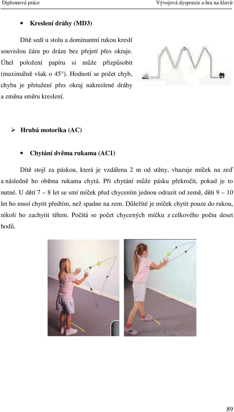 Hrubá motorika (AC) Chytání dvěma rukama (AC1) Dítě stojí za páskou, která je vzdálena 2 m od stěny, vhazuje míček na zeď a následně ho oběma rukama chytá.
