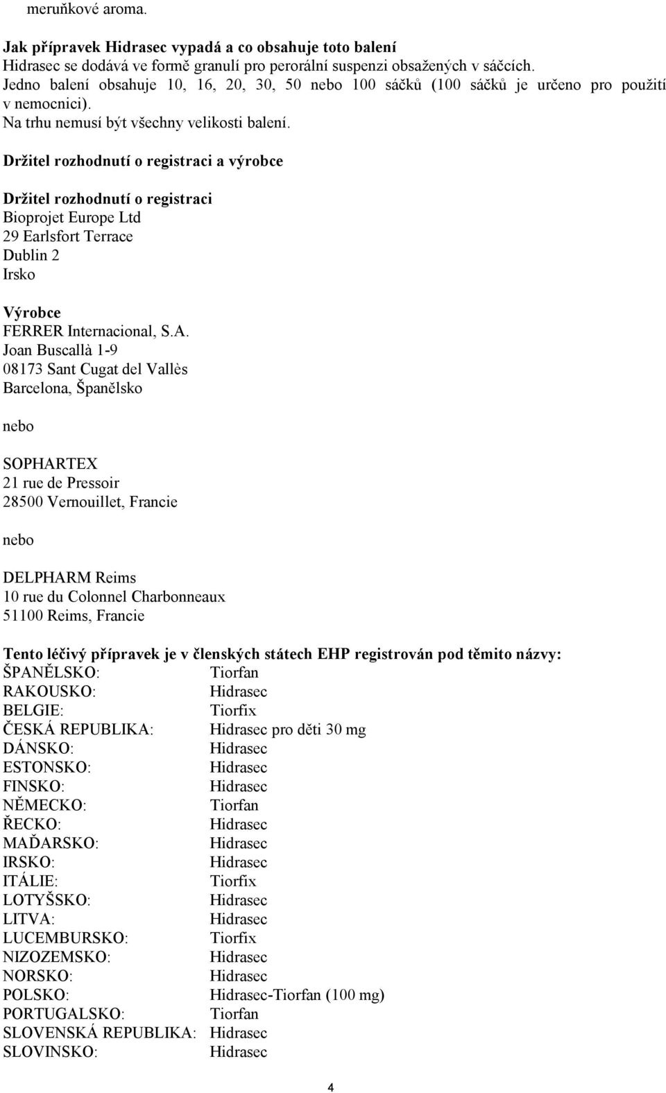 Držitel rozhodnutí o registraci a výrobce Držitel rozhodnutí o registraci Bioprojet Europe Ltd 29 Earlsfort Terrace Dublin 2 Irsko Výrobce FERRER Internacional, S.A.