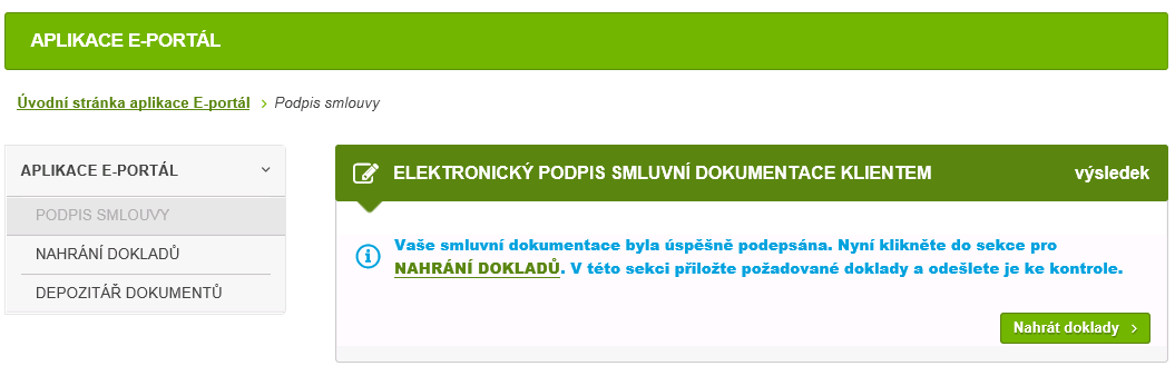 Po kliknutí na tlačítko Zaslat autorizační SMS > je klientovi zobrazen seznam jednotlivých částí smluvní dokumentace s rekapitulací udělení (zelená fajfka) / neudělení (červený křížek) souhlasu s