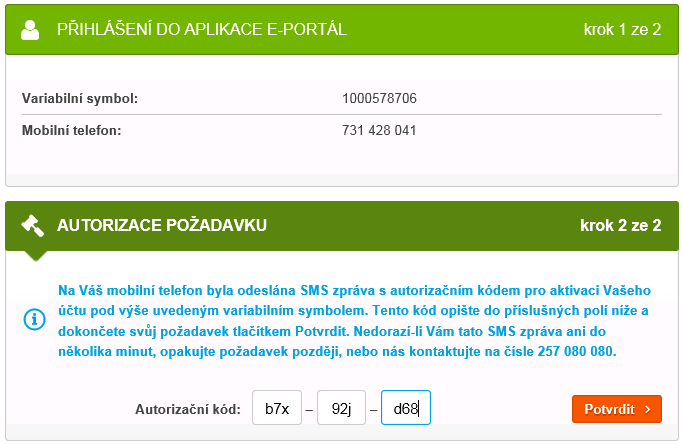 Klient opíše do příslušných polí autorizační kód a klikne na tlačítko Potvrdit >.