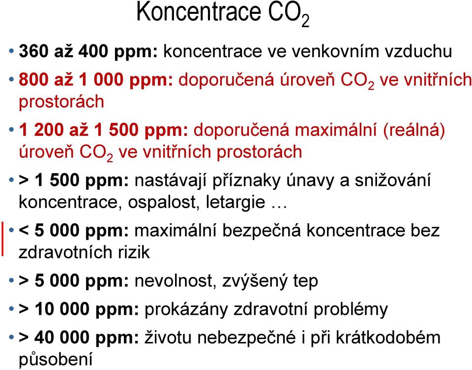 snižování koncentrace, ospalost, letargie < 5 000 ppm: maximální bezpečná koncentrace bez zdravotních rizik > 5 000 ppm: nevolnost,