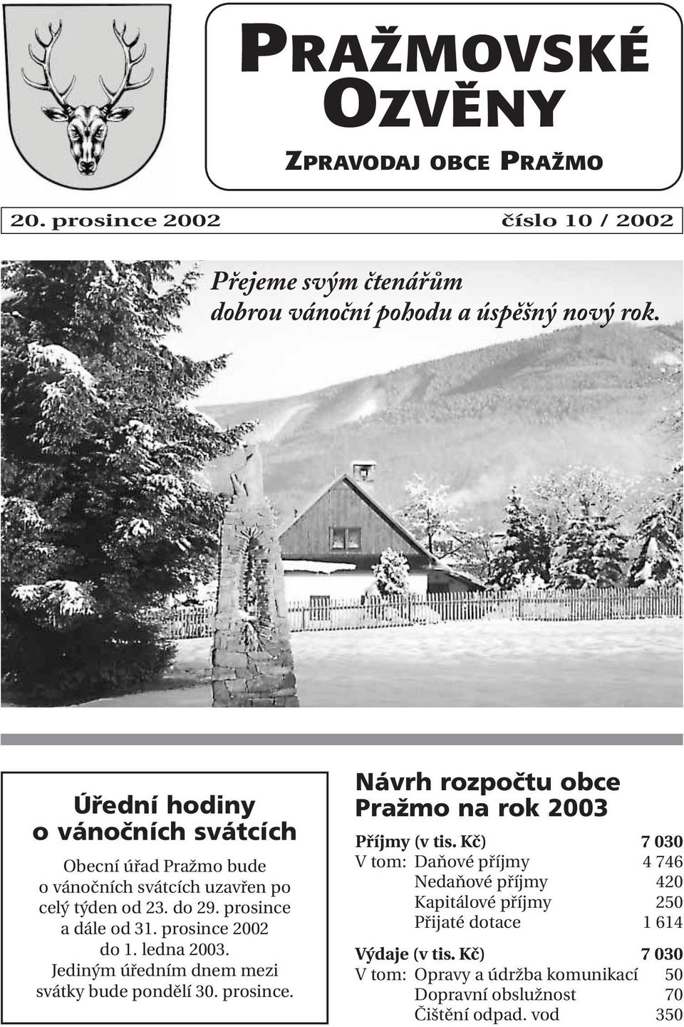 ledna 2003. Jediným úředním dnem mezi svátky bude pondělí 30. prosince. Návrh rozpočtu obce Pražmo na rok 2003 Příjmy (v tis.