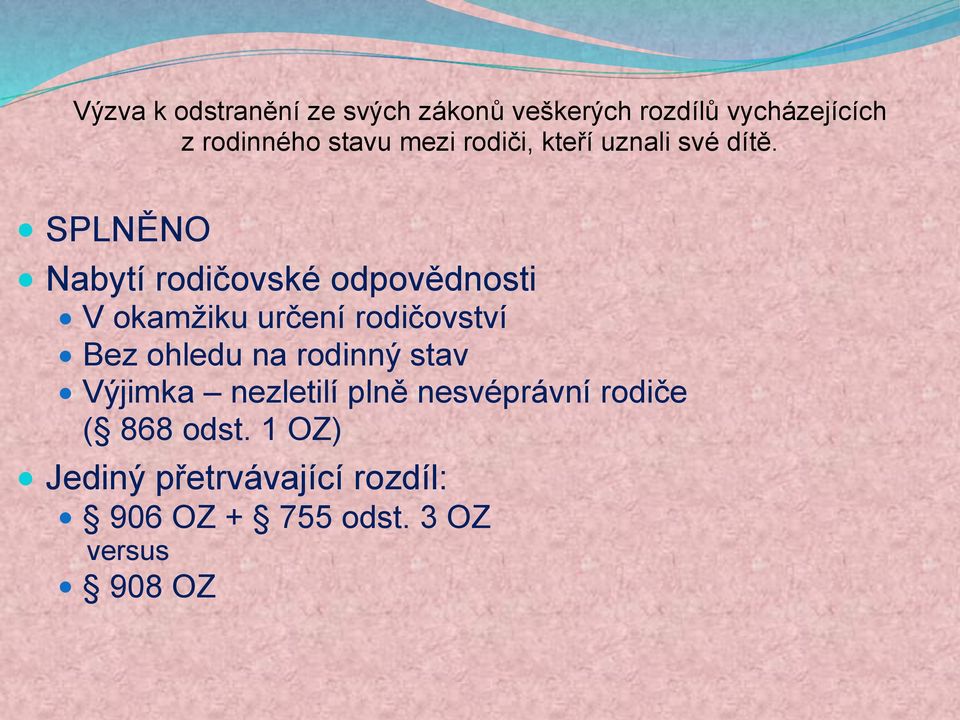 SPLNĚNO Nabytí rodičovské odpovědnosti V okamžiku určení rodičovství Bez ohledu na