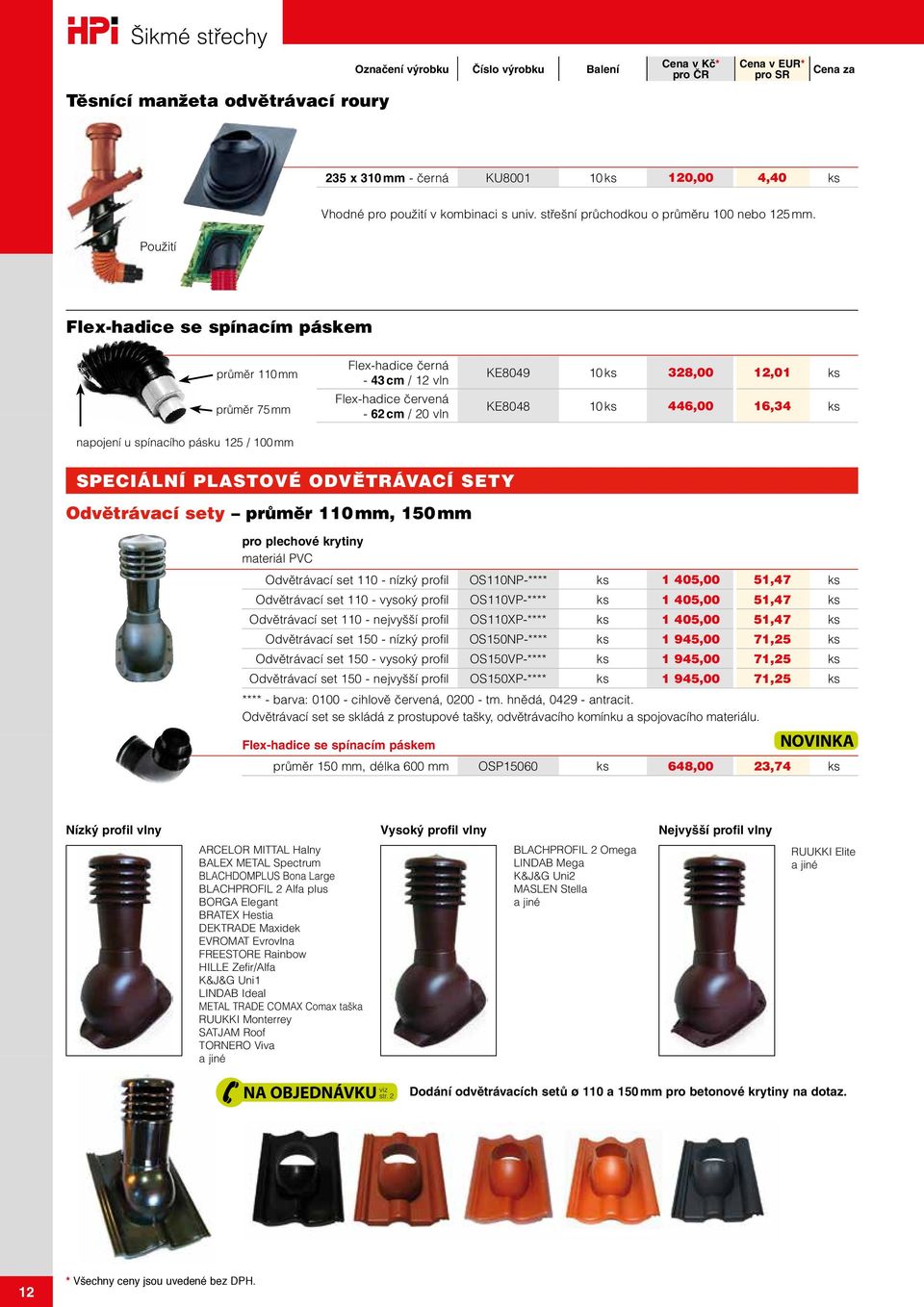 12,01 ks KE8048 10 ks 446,00 16,34 ks SPECIÁLNÍ PLASTOVÉ ODVĚTRÁVACÍ SETY Odvětrávací sety průměr 110 mm, 150 mm pro plechové krytiny materiál PVC Odvětrávací set 110 - nízký profil OS110NP-**** ks 1