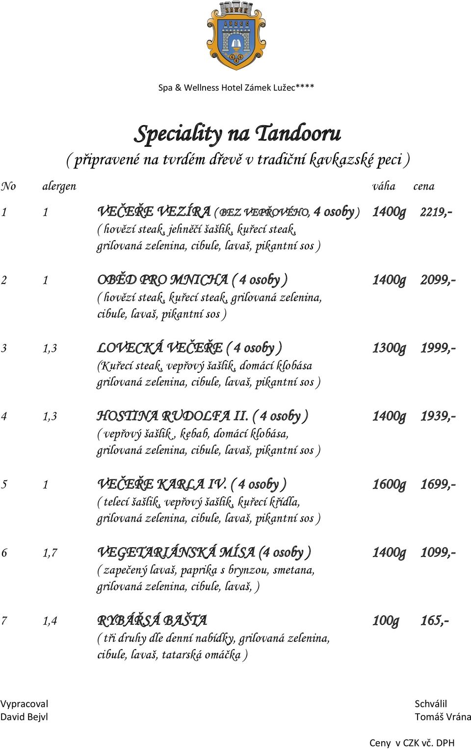 klobása 4 1,3 HOSTINA RUDOLFA II. ( 4 osoby ) 1400g 1939,- ( vepřový šašlik, kebab, domácí klobása, 5 1 VEČEŘE KARLA IV.