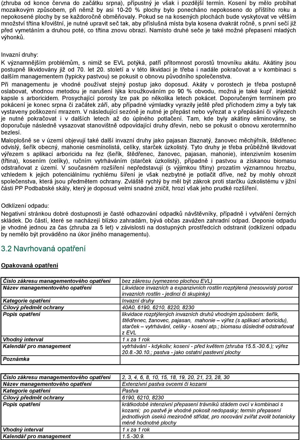 Pokud se na kosených plochách bude vyskytovat ve větším množství třtina křovištní, je nutné upravit seč tak, aby příslušná místa byla kosena dvakrát ročně, s první sečí již před vymetáním a druhou