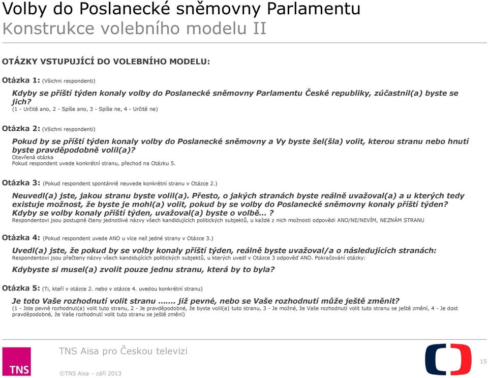 (1 - Určitě ano, 2 - Spíše ano, 3 - Spíše ne, 4 - Určitě ne) Otázka 2: (Všichni respondenti) Pokud by se příští týden konaly volby do Poslanecké sněmovny a Vy byste šel(šla) volit, kterou stranu nebo