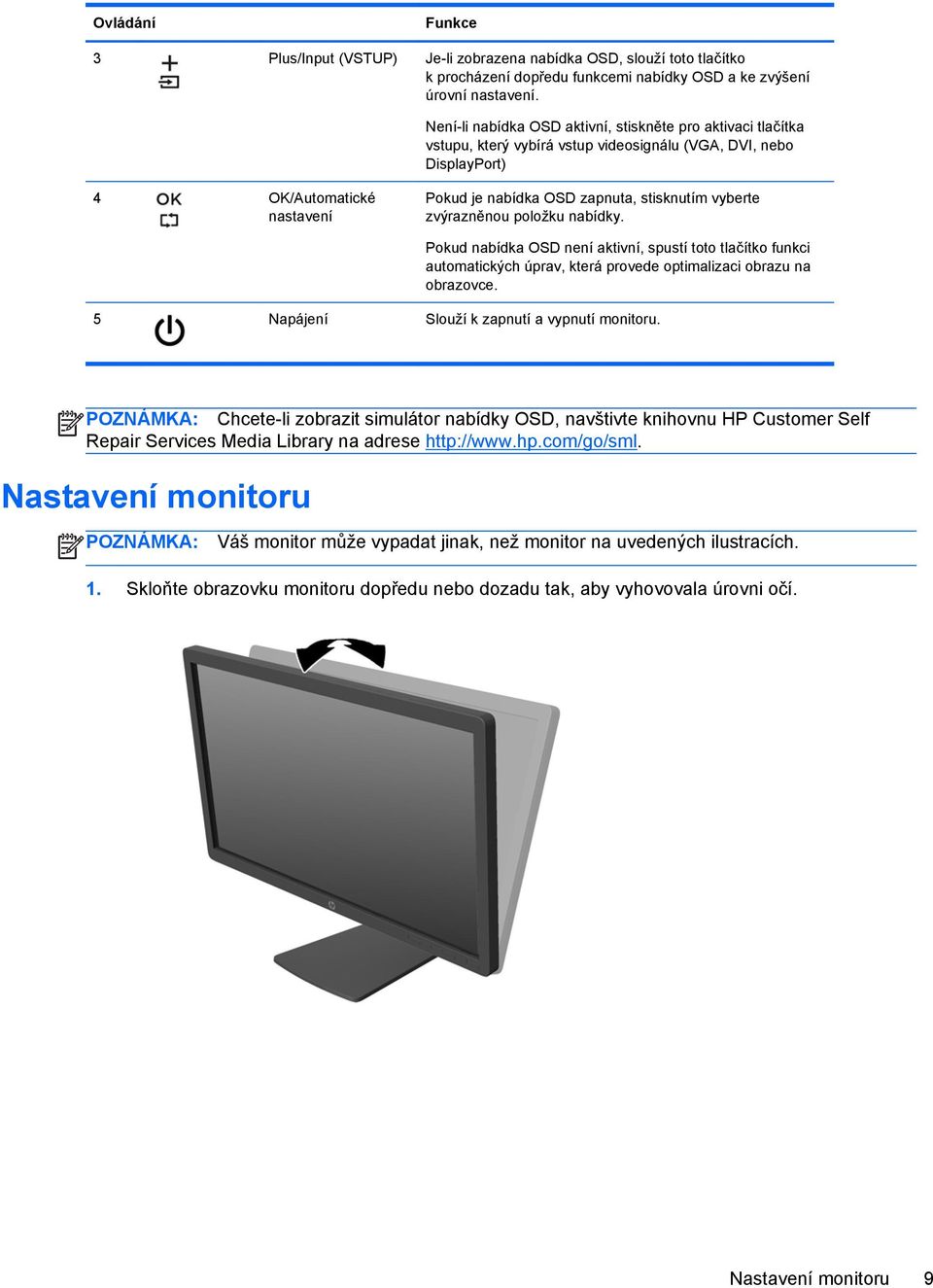 vyberte zvýrazněnou položku nabídky. Pokud nabídka OSD není aktivní, spustí toto tlačítko funkci automatických úprav, která provede optimalizaci obrazu na obrazovce.