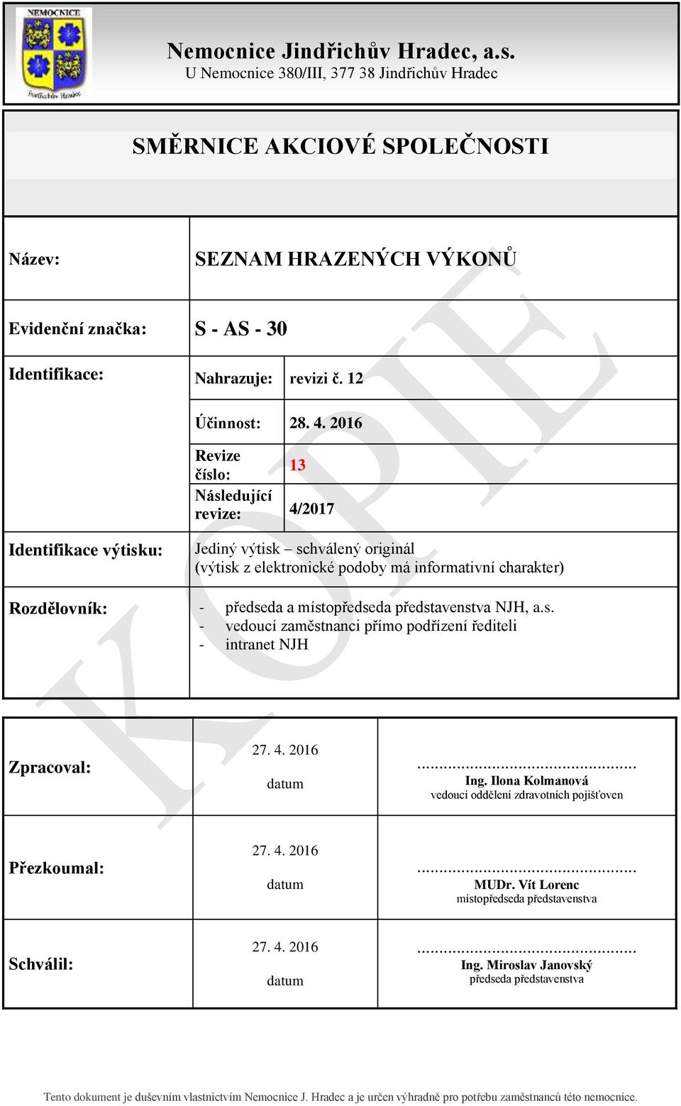 2016 Revize číslo: 13 Následující revize: 4/2017 Identifikace výtisku: Jediný výtisk schválený originál (výtisk z elektronické podoby má informativní charakter) Rozdělovník: - předseda a