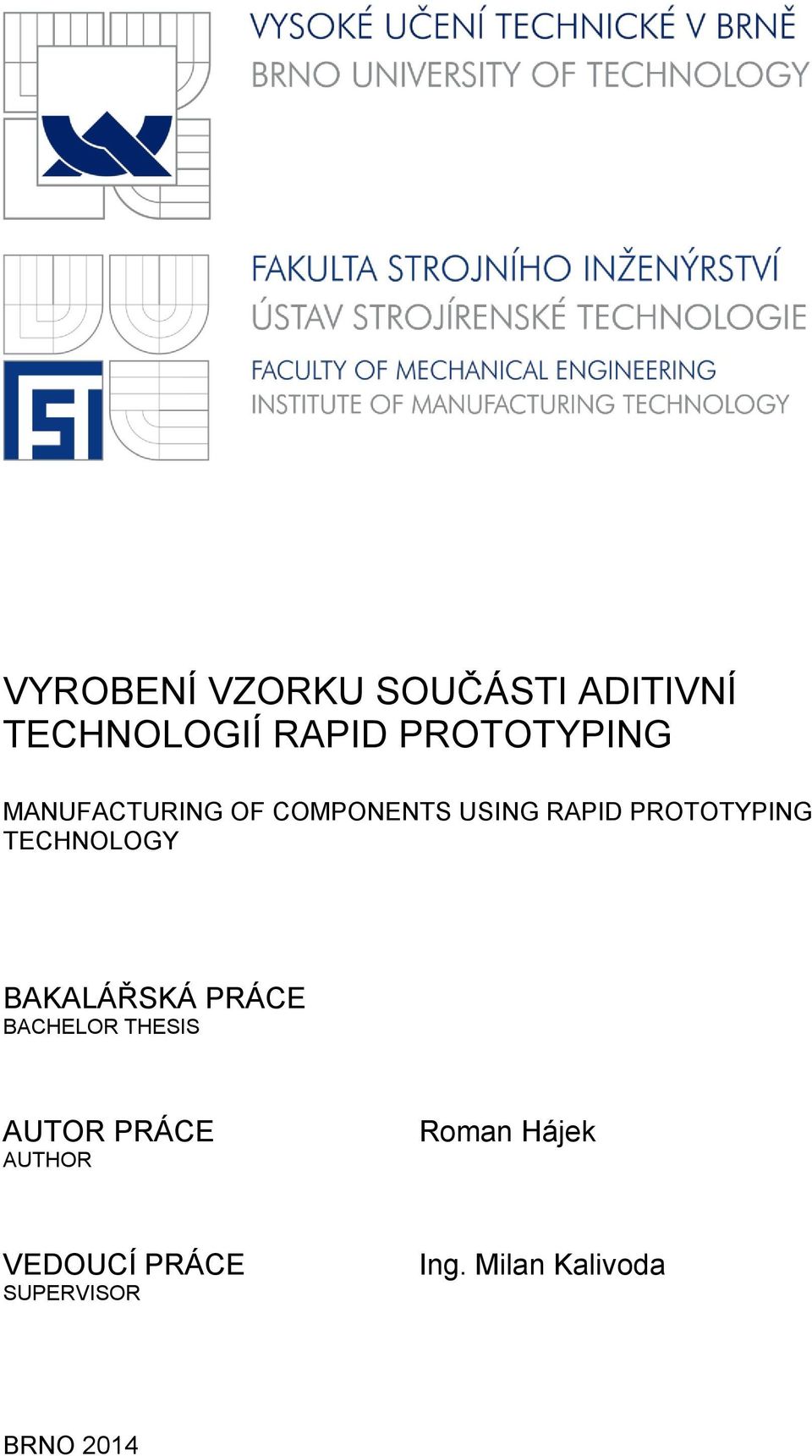 PROTOTYPING TECHNOLOGY BAKALÁŘSKÁ PRÁCE BACHELOR THESIS AUTOR