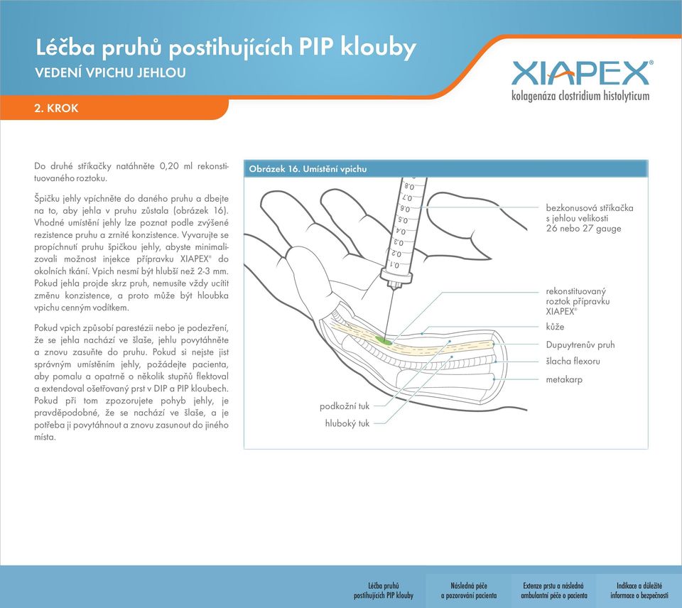 Vyvarujte se propíchnutí pruhu špičkou jehly, abyste minimali- zovali možnost injekce přípravku XIAPEX do okolních tkání. Vpich nesmí být hlubší než 2-3 mm.