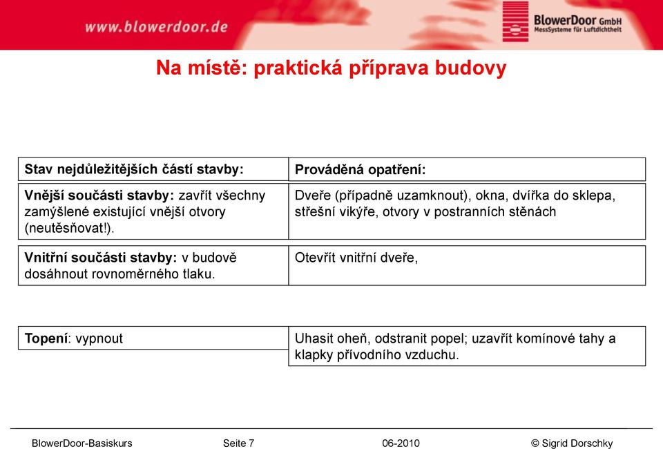 Prováděná opatření: Dveře (případně uzamknout), okna, dvířka do sklepa, střešní vikýře, otvory v postranních stěnách Otevřít