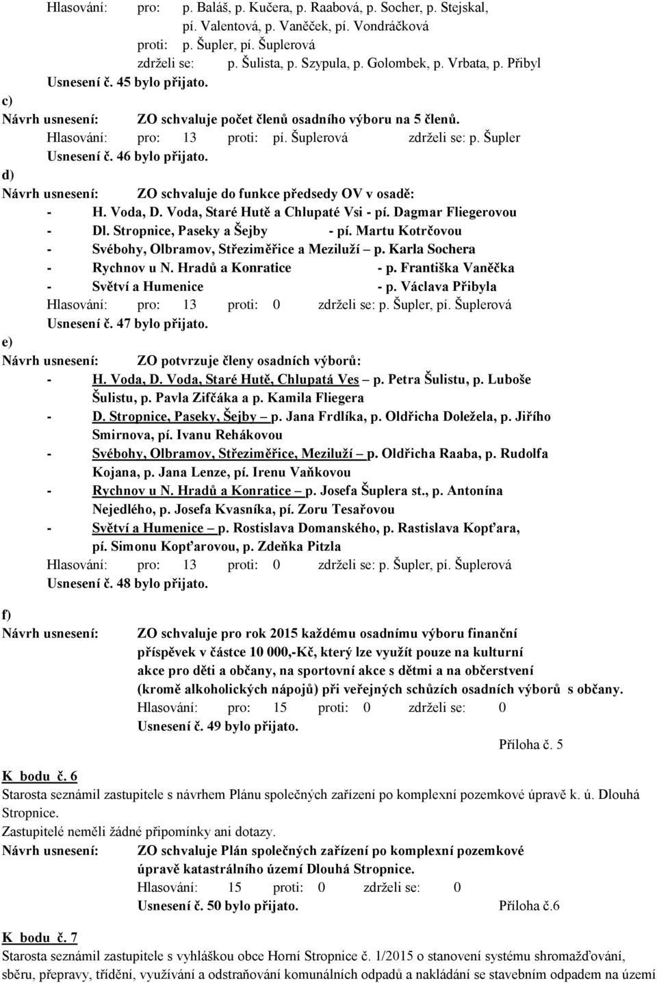 46 bylo přijato. d) Návrh usnesení: ZO schvaluje do funkce předsedy OV v osadě: - H. Voda, D. Voda, Staré Hutě a Chlupaté Vsi - pí. Dagmar Fliegerovou - Dl. Stropnice, Paseky a Šejby - pí.