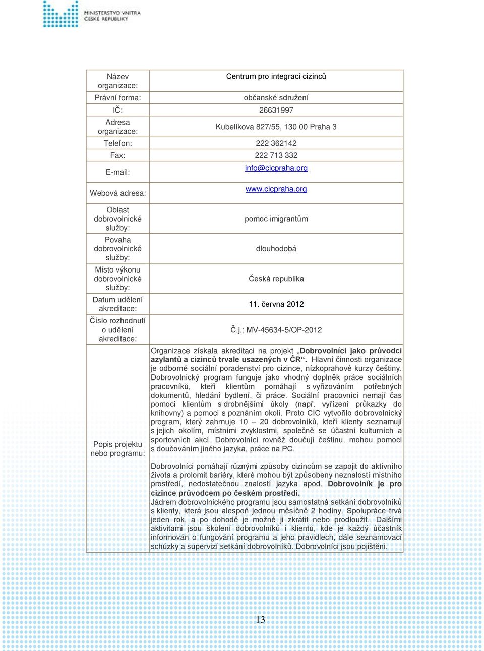 Hlavní činnosti organizace je odborné sociální poradenství pro cizince, nízkoprahové kurzy češtiny.