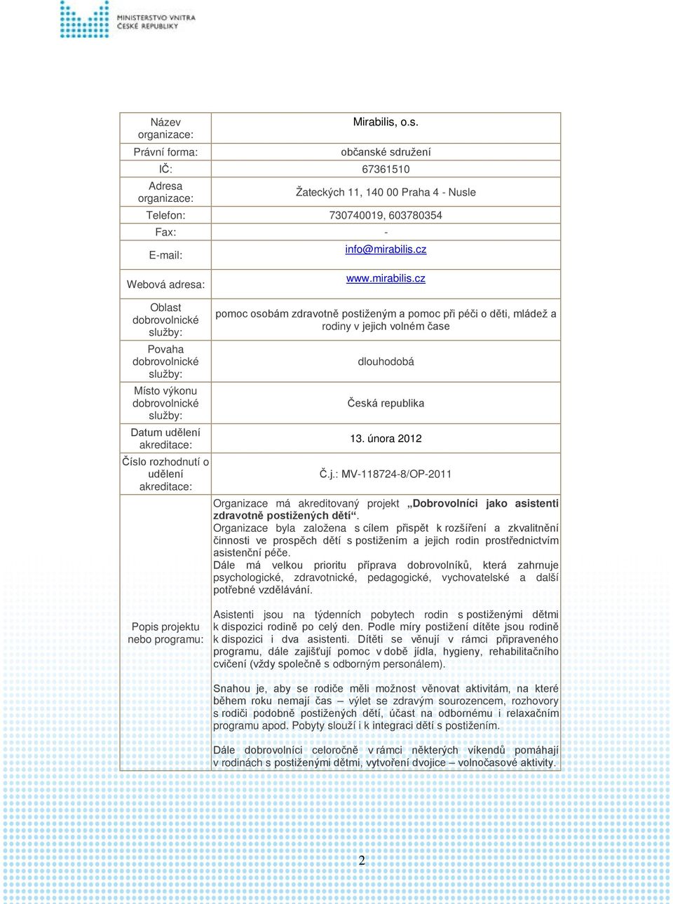 jich volném čase Česká republika 13. února 2012 Č.j.: MV-118724-8/OP-2011 Organizace má akreditovaný projekt Dobrovolníci jako asistenti zdravotně postižených dětí.