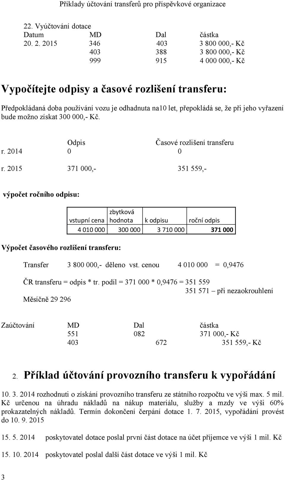 že při jeho vyřazení bude možno získat 300 000,- Kč. Odpis Časové rozlišení transferu r. 2014 0 0 r.