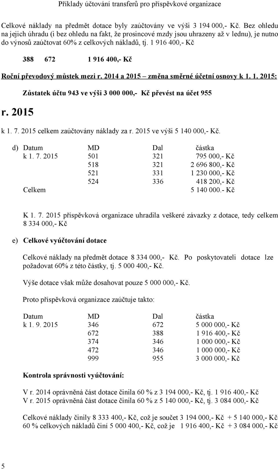1 916 400,- Kč 388 672 1 916 400,- Kč Roční převodový můstek mezi r. 2014 a 2015 změna směrné účetní osnovy k 1. 1. 2015: r. 2015 Zůstatek účtu 943 ve výši 3 000 000,- Kč převést na účet 955 k 1. 7.