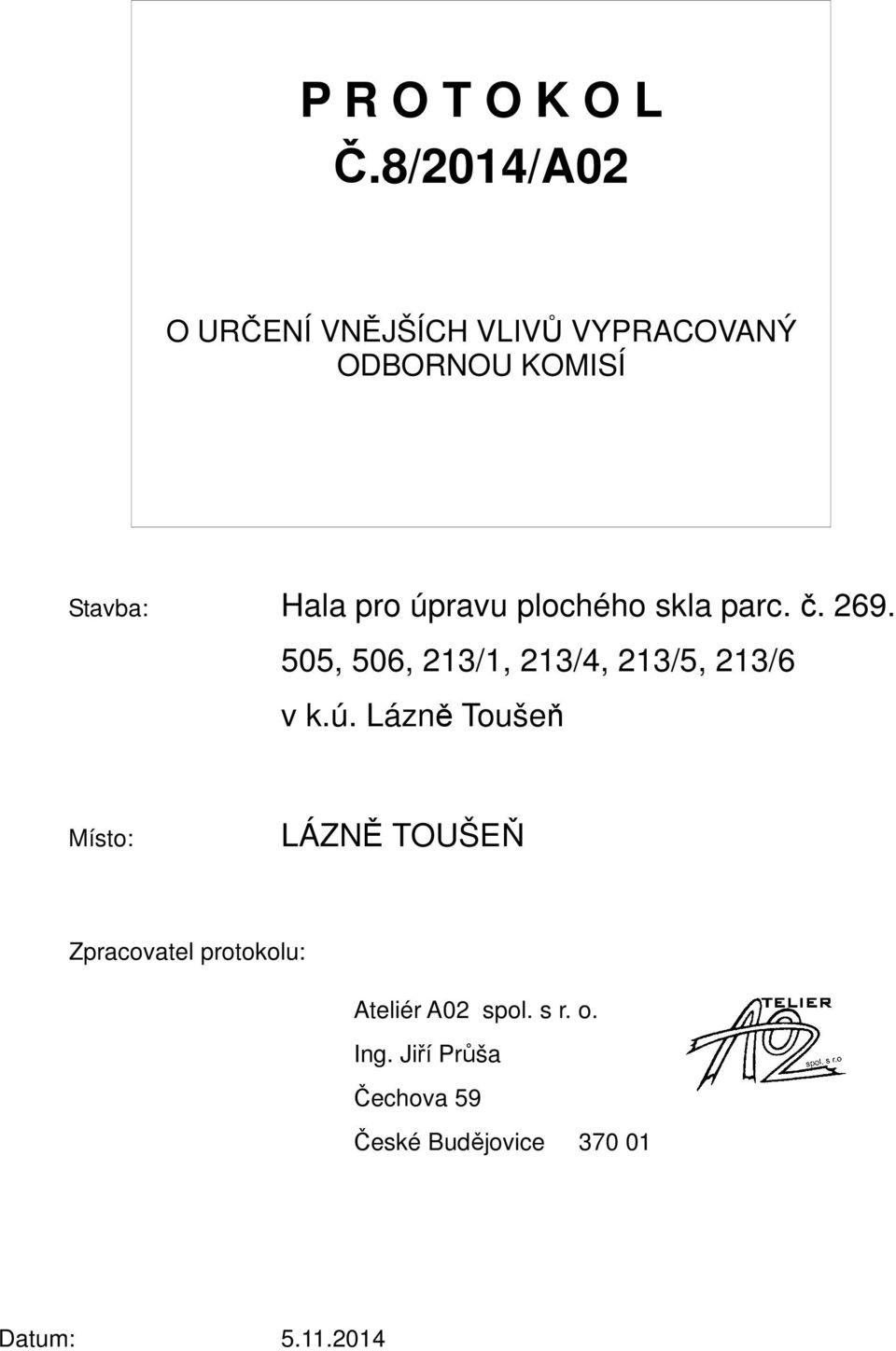 úpravu plochého skla parc. č. 269. 505, 506, 213/1, 213/4, 213/5, 213/6 v k.ú. Lázně Toušeň Místo: LÁZNĚ TOUŠEŇ Zpracovatel protokolu: Ateliér A02 spol.