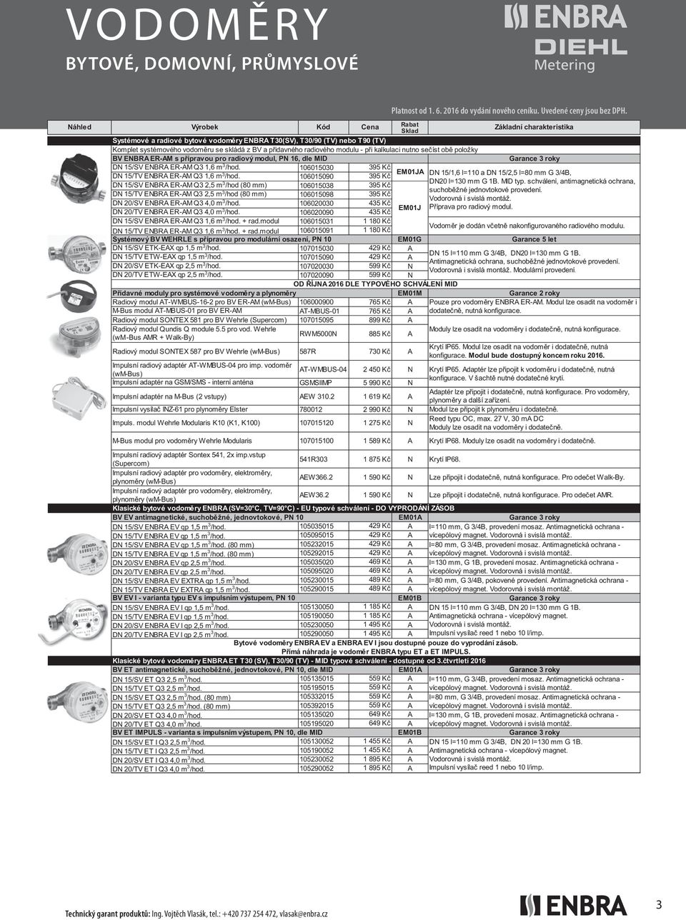 106015030 395 Kč DN 15/TV ENBRA ER-AM Q3 1,6 m 3 /hod.