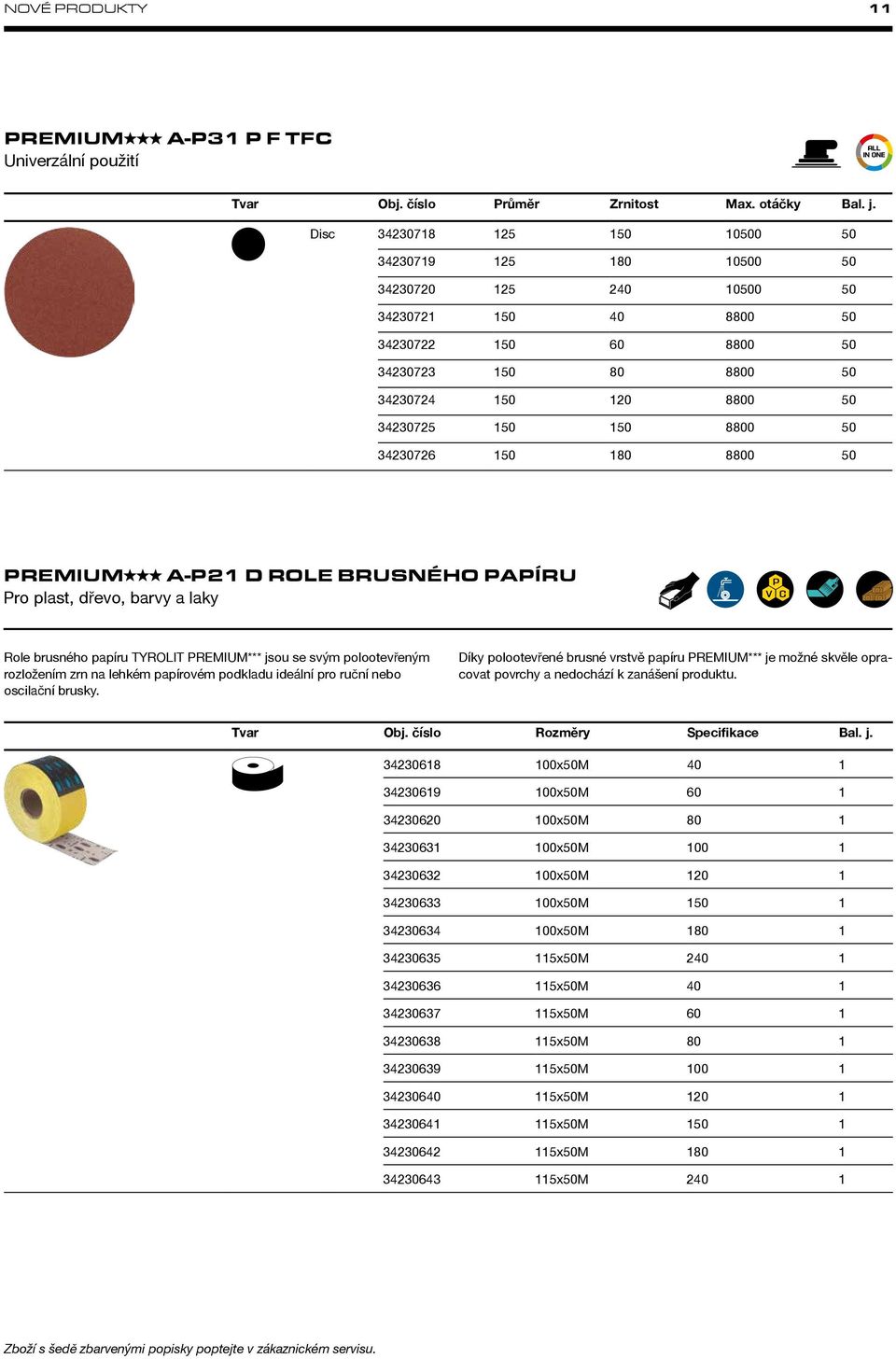 8800 50 34230726 150 180 8800 50 PREMIUM A-P21 D ROLE BRUSNÉHO PAPÍRU Pro plast, dřevo, barvy a laky Role brusného papíru TYROLIT PREMIUM*** jsou se svým polootevřeným rozložením zrn na lehkém